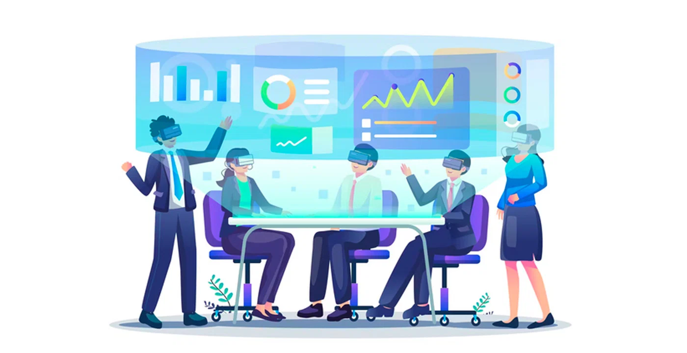 Reunión digital mediante realidad virtual con esquemas, presentaciones, y gráficas en un entorno ejecutivo