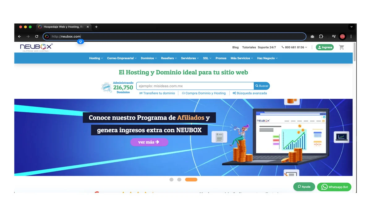Sitio web de NEUBOX demostrando su certificado de seguridad como ejemplo