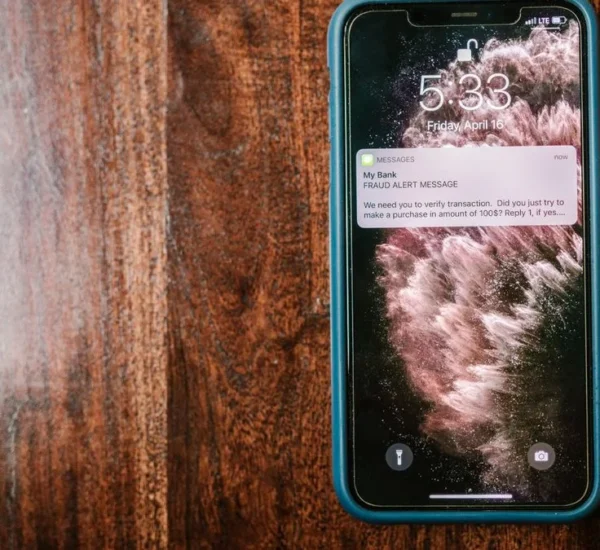 Celular con una alerta de fraude en la pantalla de bloqueo