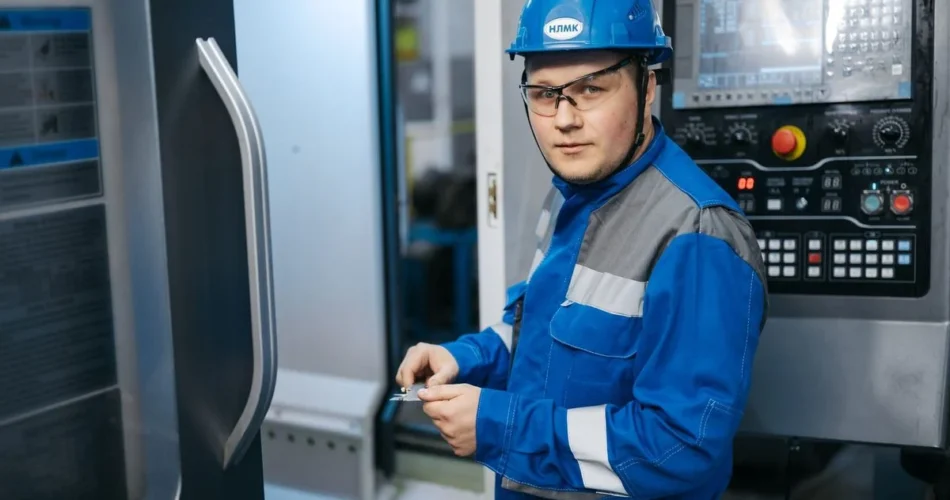 Ingeniero junto al panel de control de una máquina industrial
