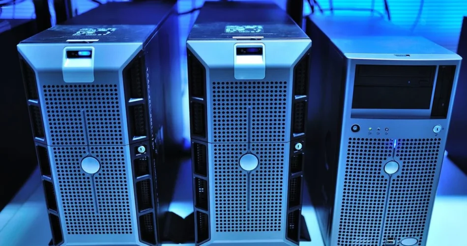 Gabinetes de servidores iluminados con luz azul