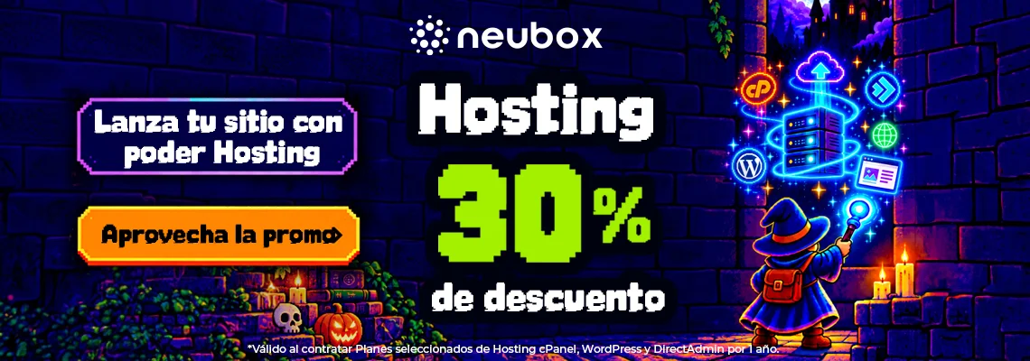 Cupón SaaS NEUBOX HALLOWHOST26: 30% de descuento en Hosting cPanel, DirectAdmin o WordPress Master por 1 año (vence 31 oct 2026)
