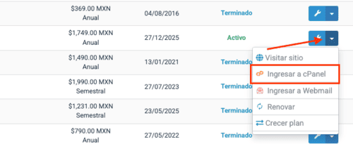 Botón ingresar cPanel