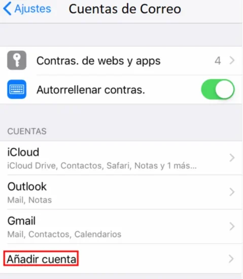 Botón Añadir cuenta en iPhone