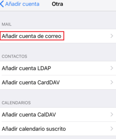 Pantalla para añadir cuenta de correo en iPhone