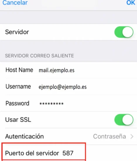Puerto del servidor saliente 587 con SSL deshabilitado