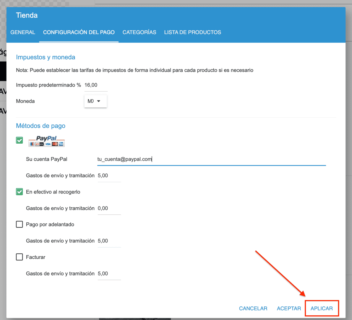 Configuración de métodos de pago en PayPal