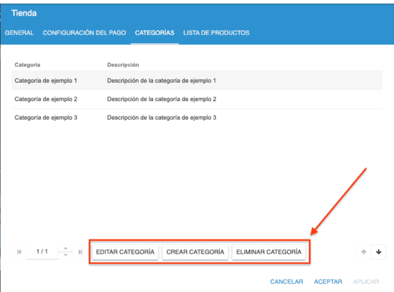 Opciones para configurar categorías