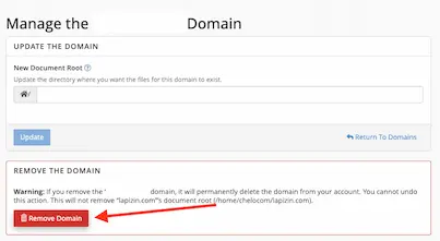 Opción para remover dominio en cPanel