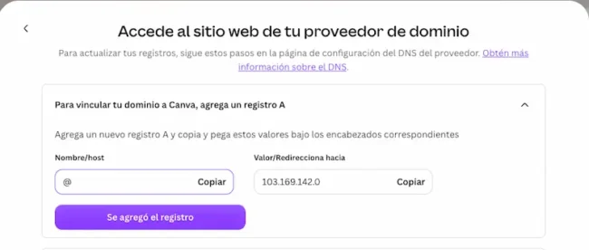 Registros DNS que muestra Canva