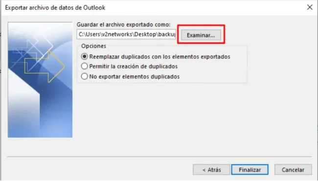 Seleccionar ubicación del archivo de respaldo PST