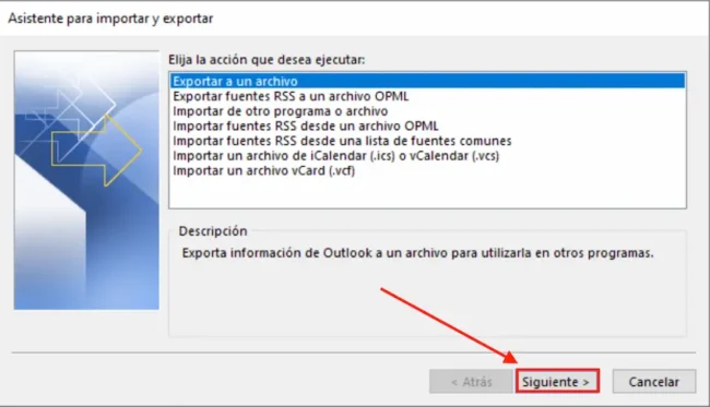 Opción Exportar a un archivo en Outlook