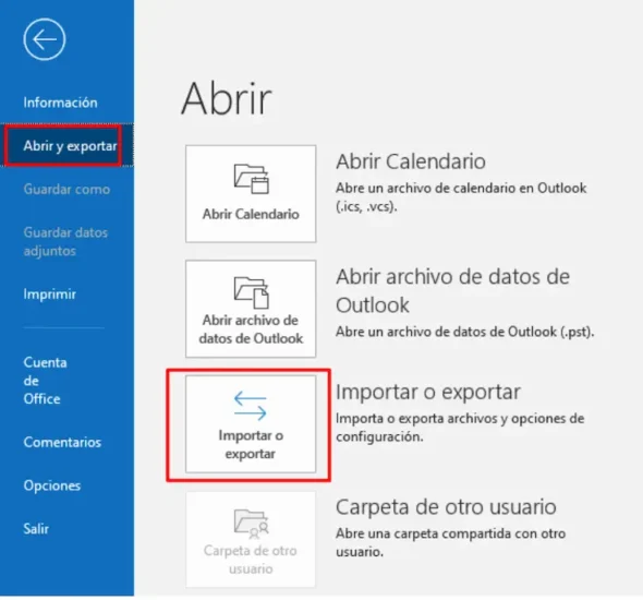 Opción Importar o exportar en Outlook