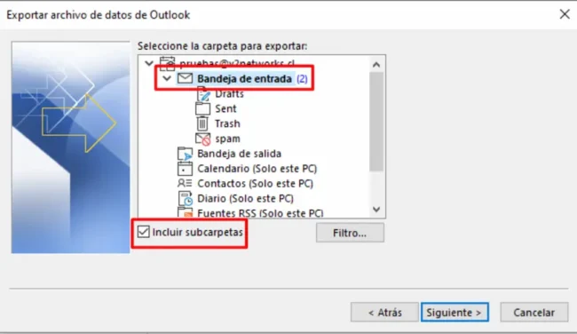 Opción Incluir subcarpetas al exportar el correo de Outlook