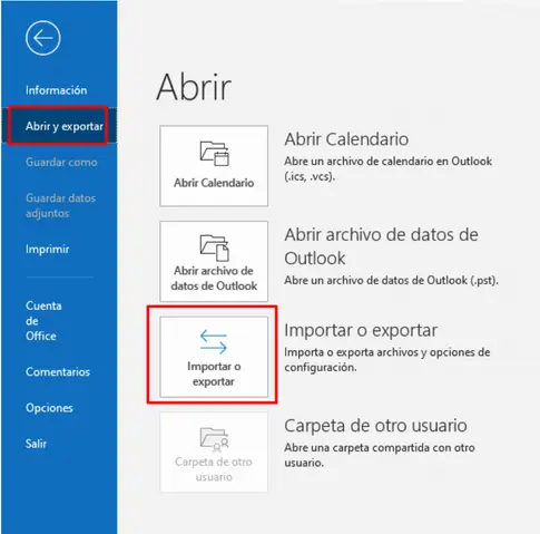 Opción Importar o exportar para restaurar el respaldo en Outlook