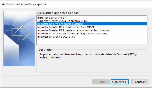 Opción Importar desde otro programa o archivo en Outlook