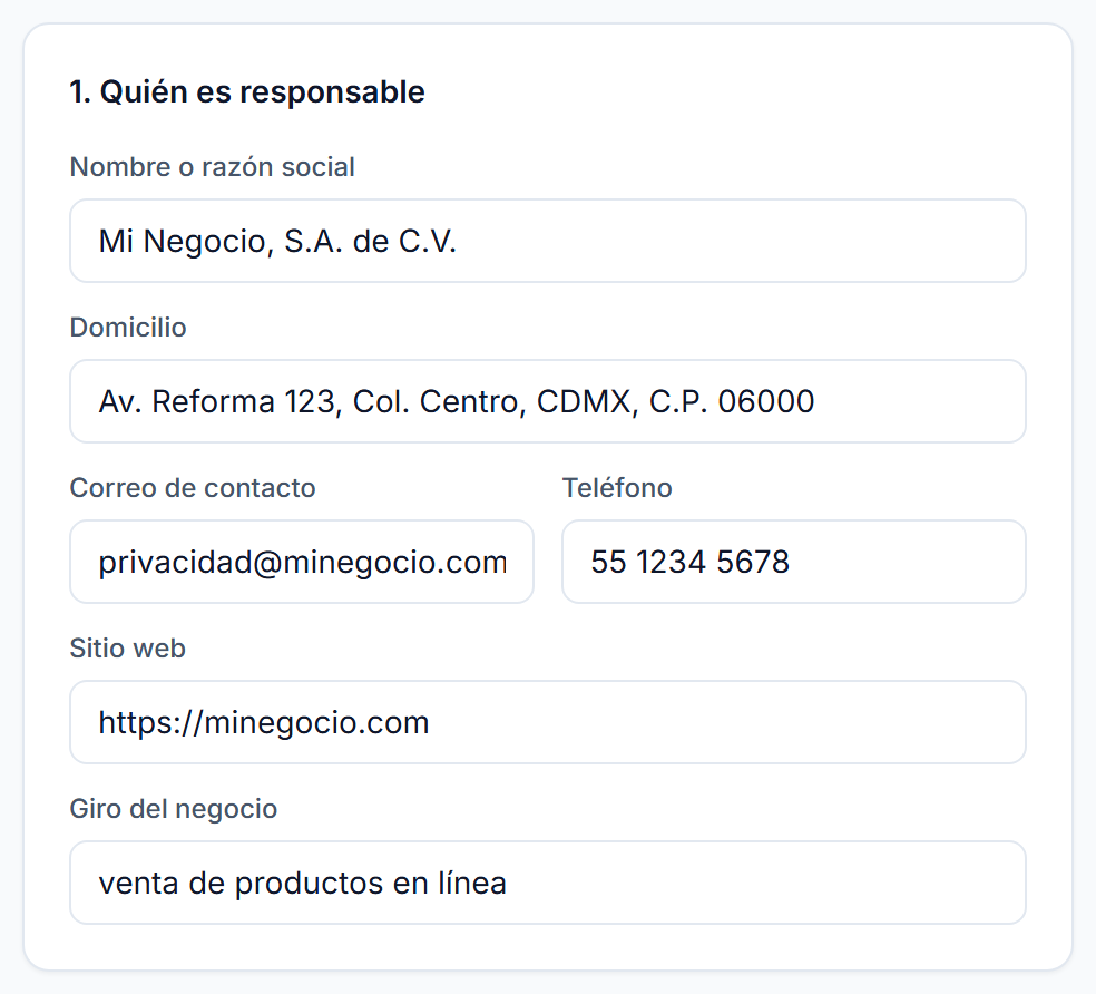 Formulario con razón social, domicilio, correo de contacto, teléfono, sitio web y giro del negocio