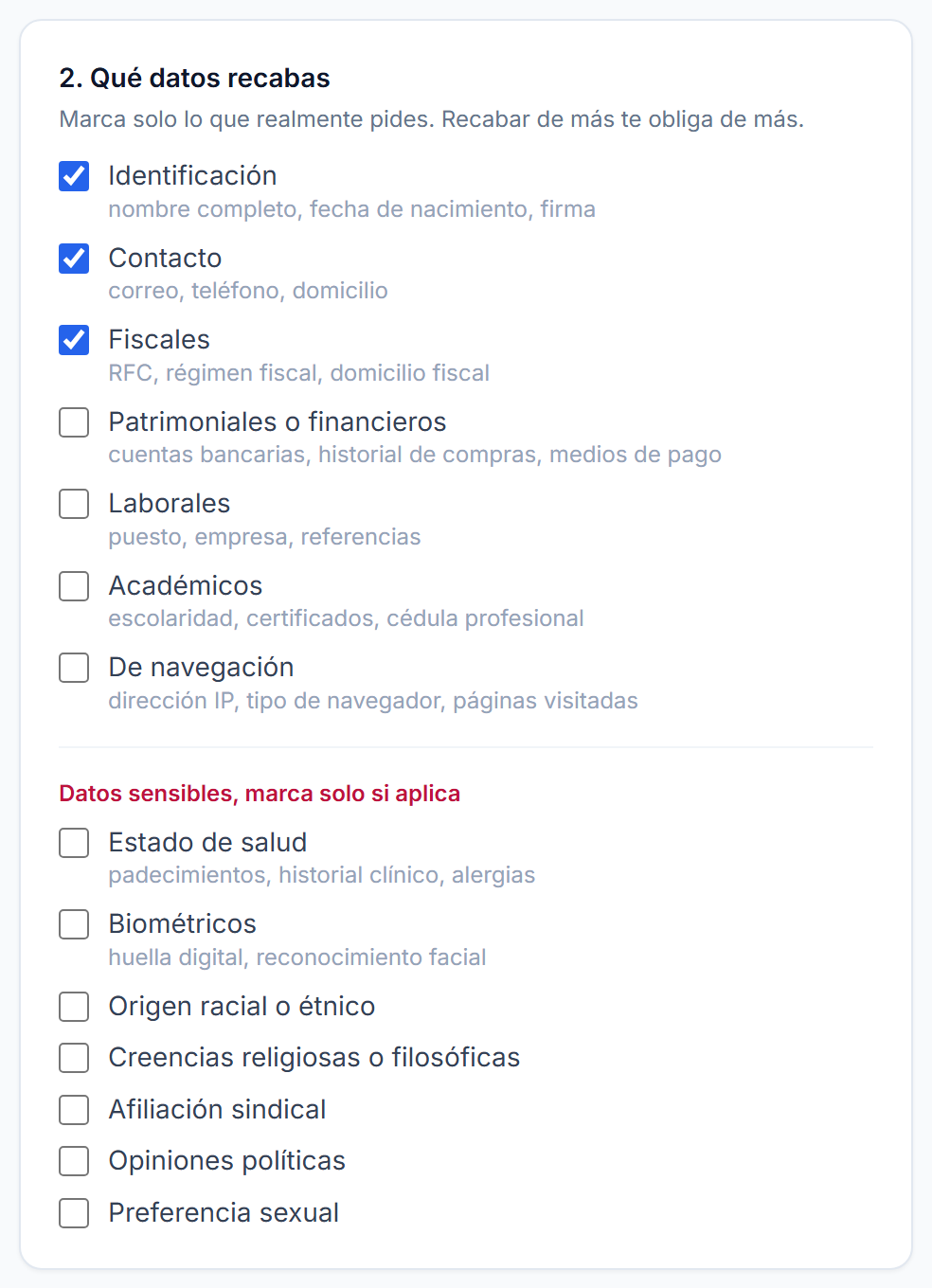 Casillas de categorías de datos: identificación, contacto, fiscales y otras