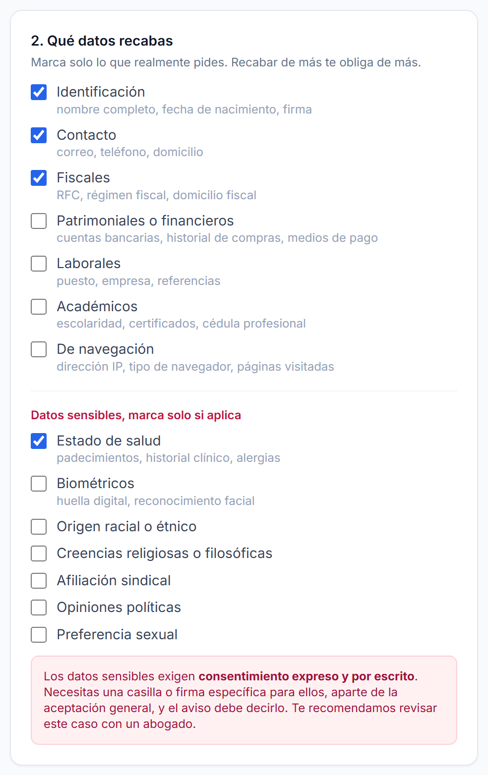 Sección de datos sensibles con un aviso en rojo sobre el consentimiento expreso y por escrito