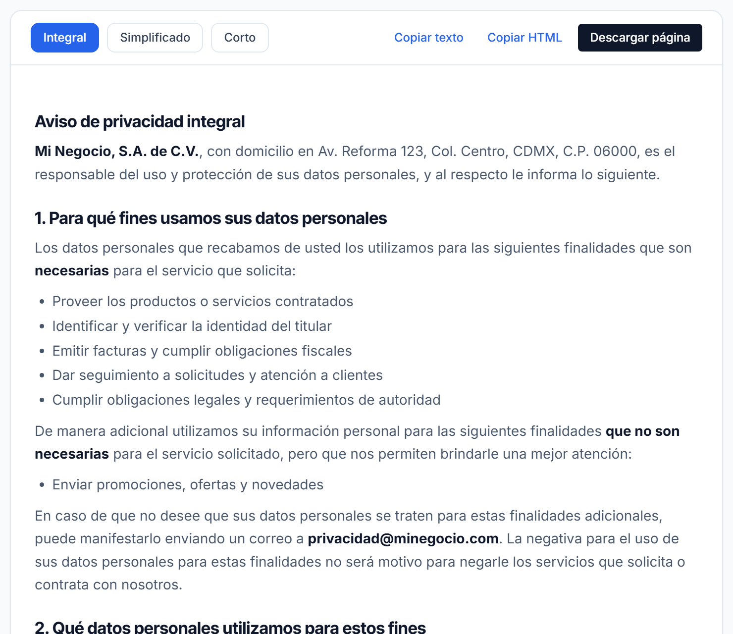 Vista previa del aviso de privacidad integral generado, con las secciones de finalidades y datos
