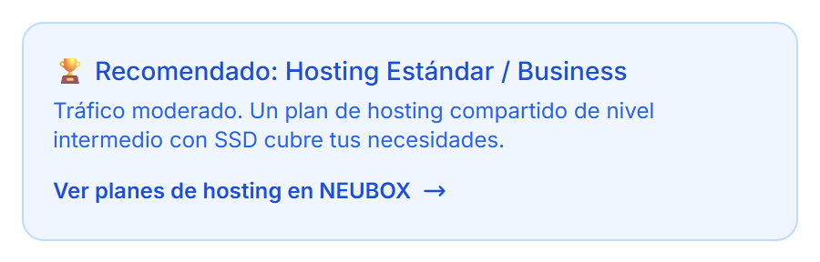 Recomendación de tipo de plan según el cálculo, con enlace a los planes de NEUBOX