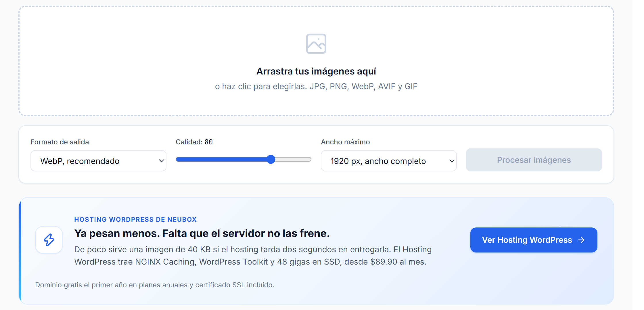 Zona para arrastrar imágenes, con las opciones de formato, calidad y ancho máximo