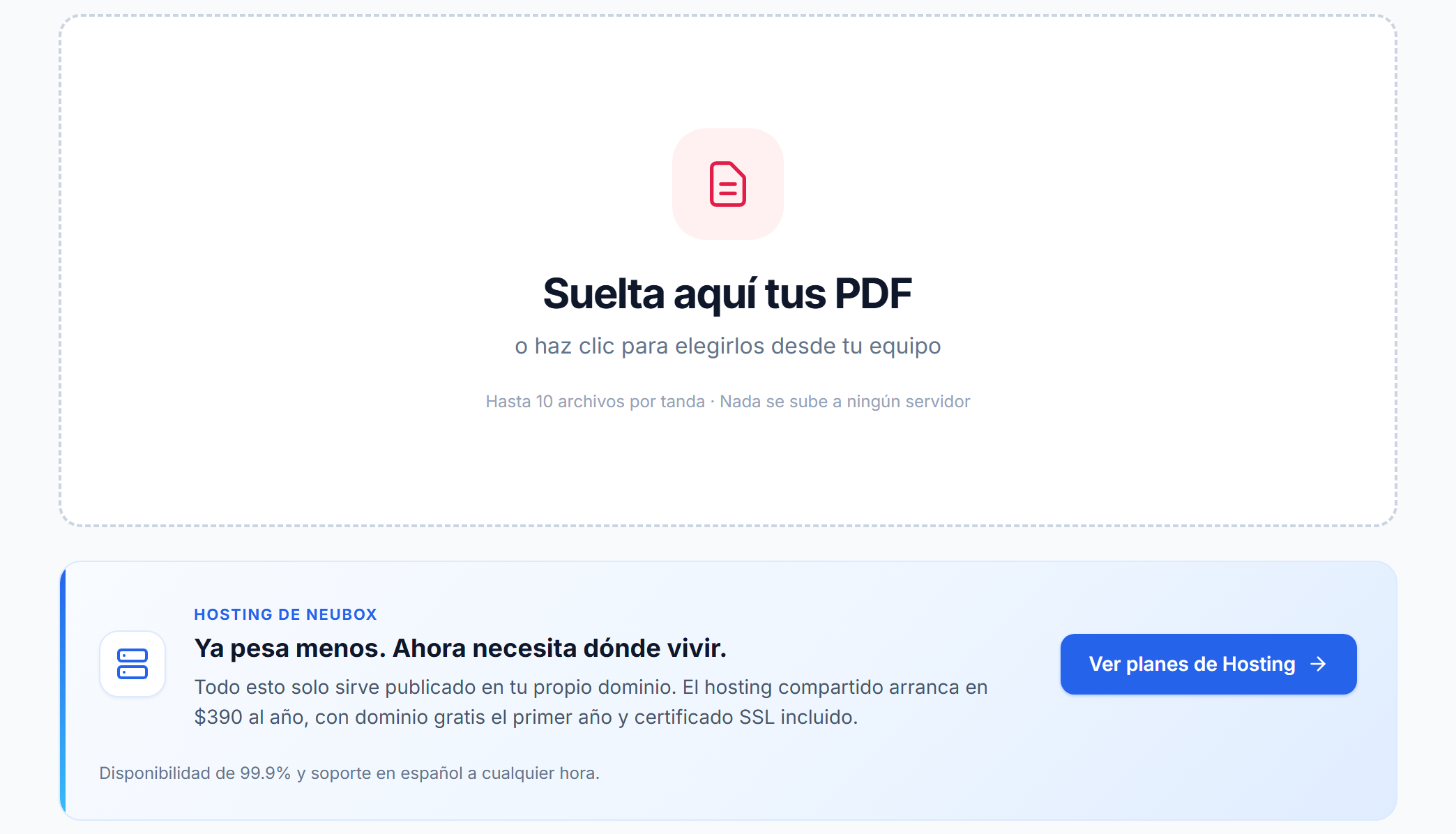 Zona para arrastrar archivos PDF, con el aviso de que el proceso ocurre en el navegador
