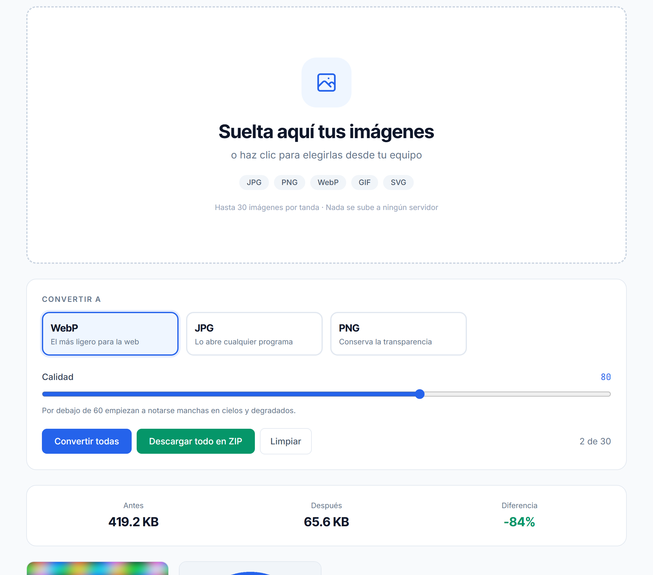 Imágenes convertidas con su formato original, el nuevo y el peso de cada una