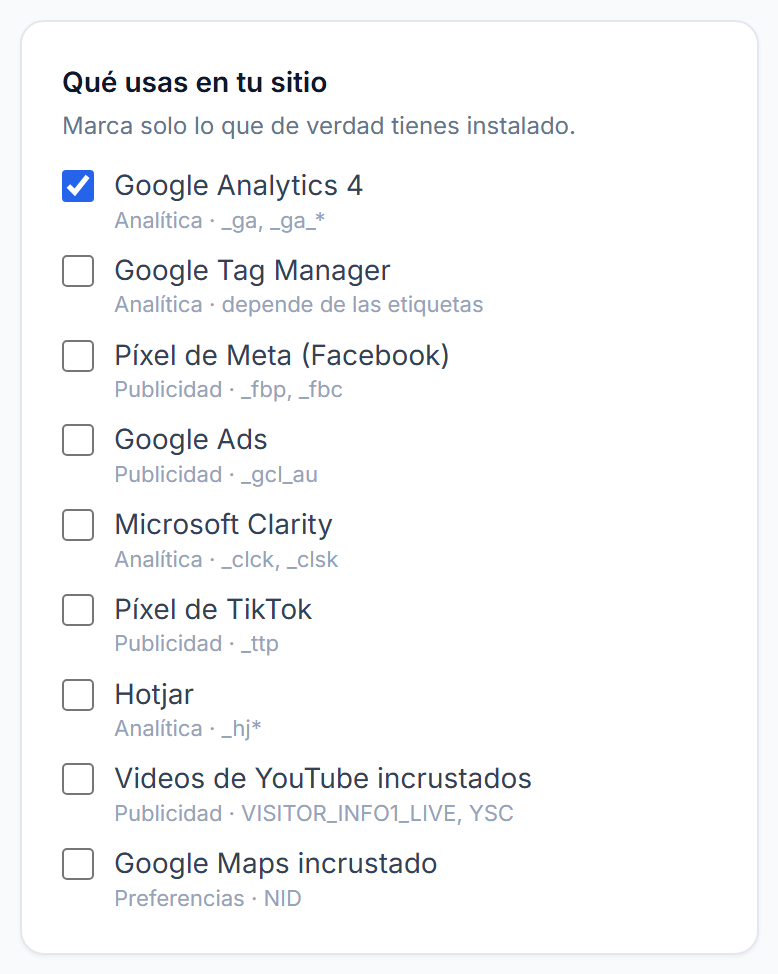 Lista de servicios que instalan cookies, con casillas para marcar los que usa el sitio