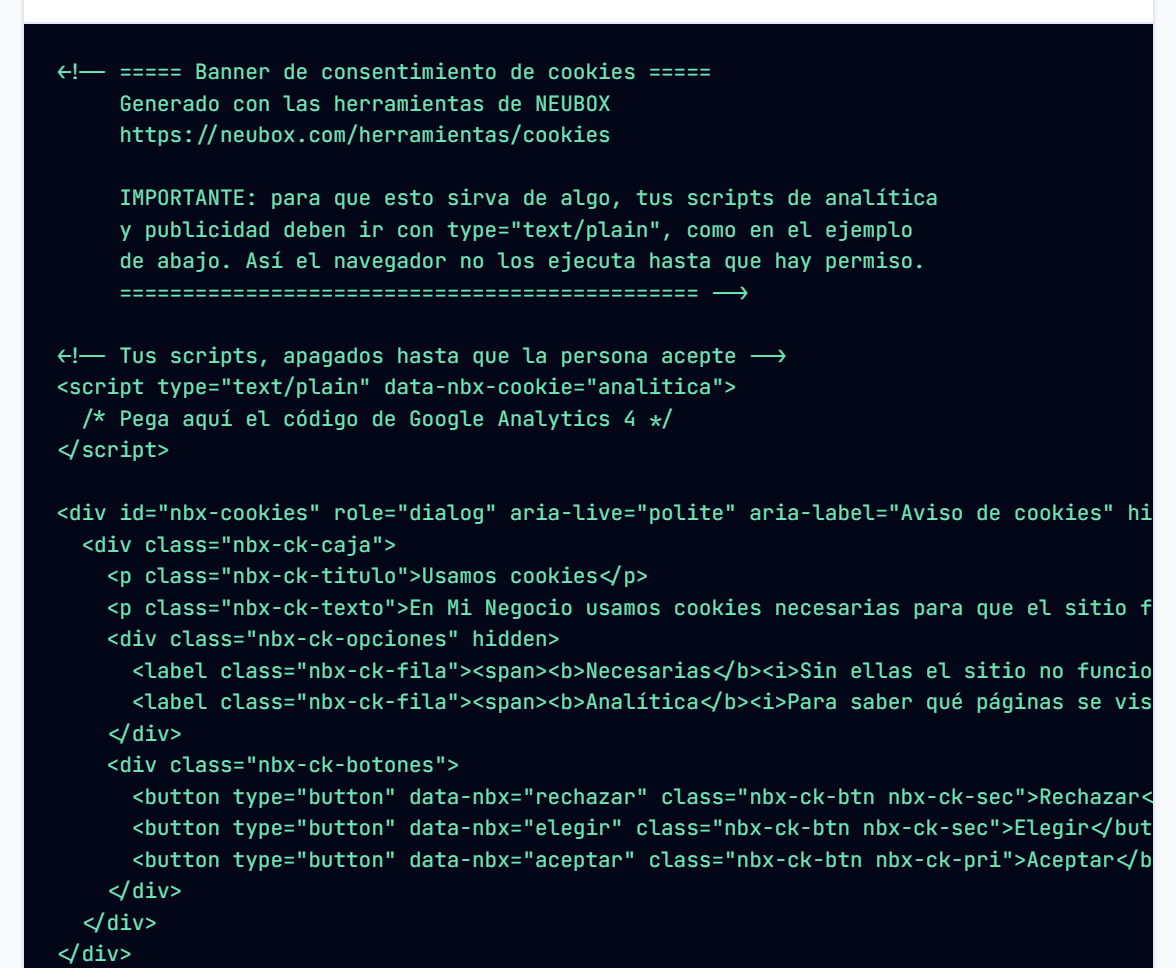 Código del banner de cookies generado, listo para pegar en el sitio