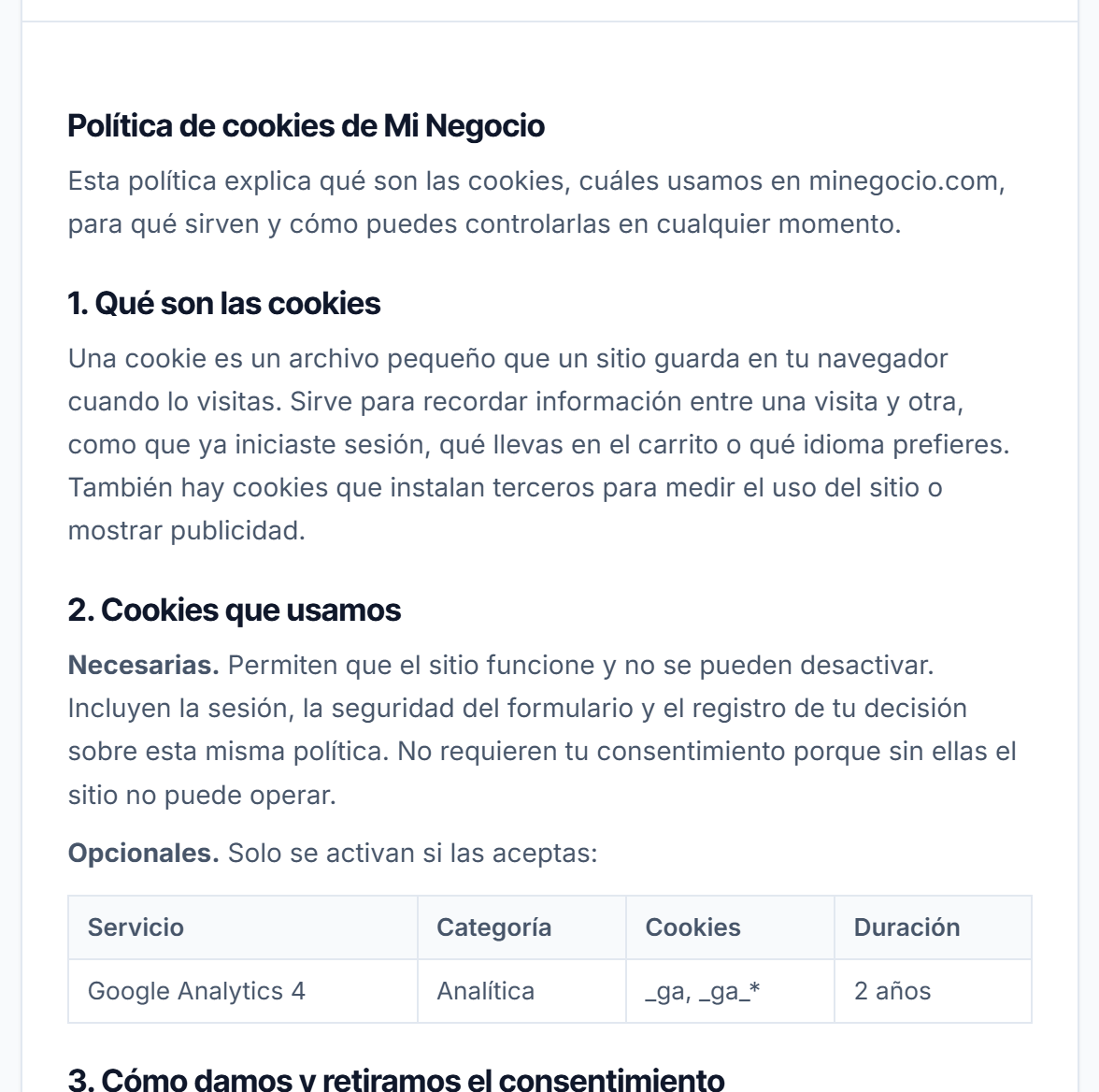 Documento de política de cookies generado, con la explicación de qué son y qué servicios usa el sitio