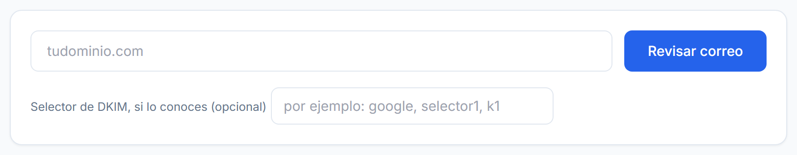 Campo para escribir el dominio y botón Revisar correo, con un segundo campo opcional para el selector DKIM
