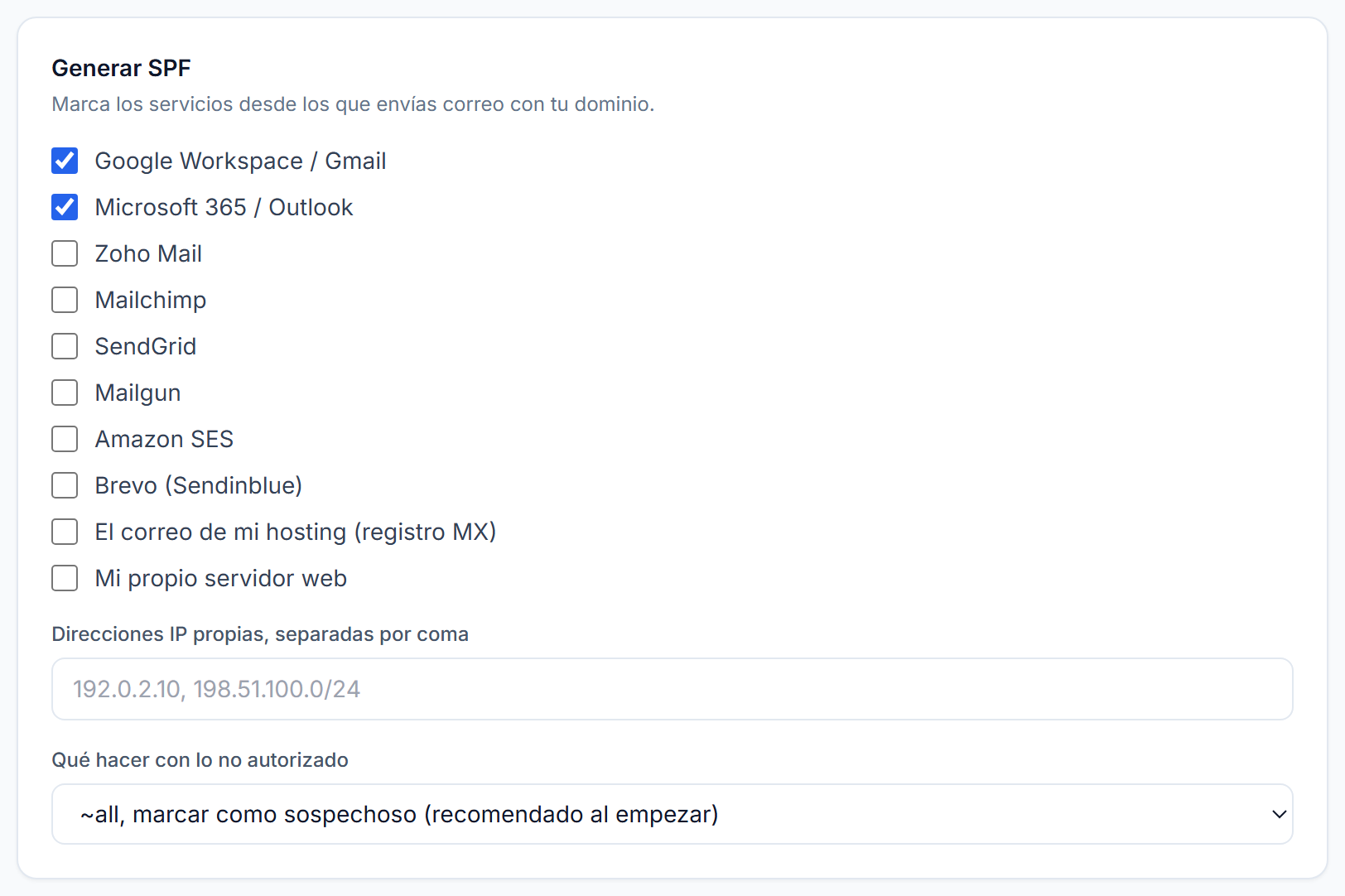 Generador de SPF con casillas de proveedores de correo y un campo para direcciones IP propias