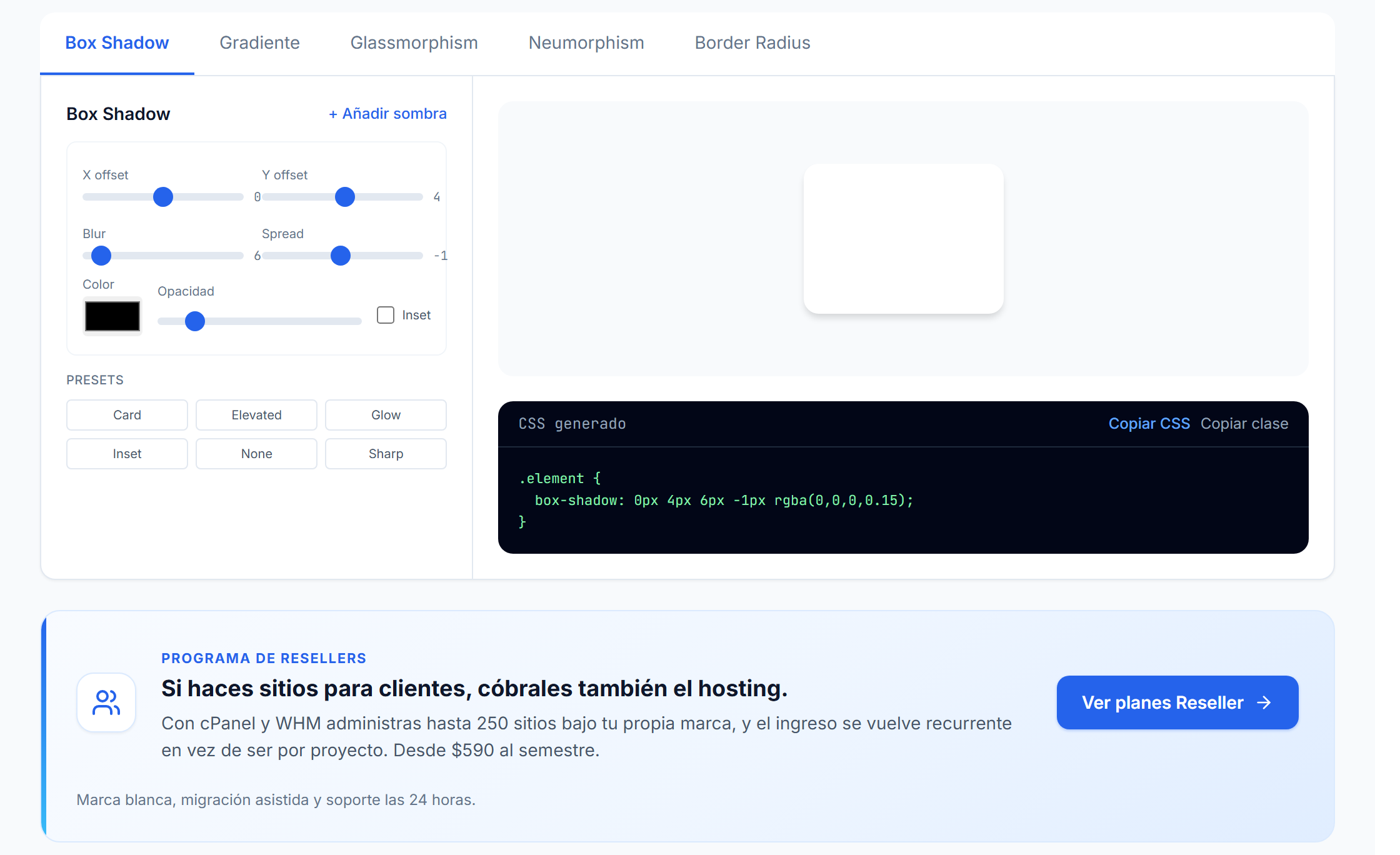 Generador de sombras con los controles de desplazamiento, desenfoque, extensión y color, junto a la vista previa y el código