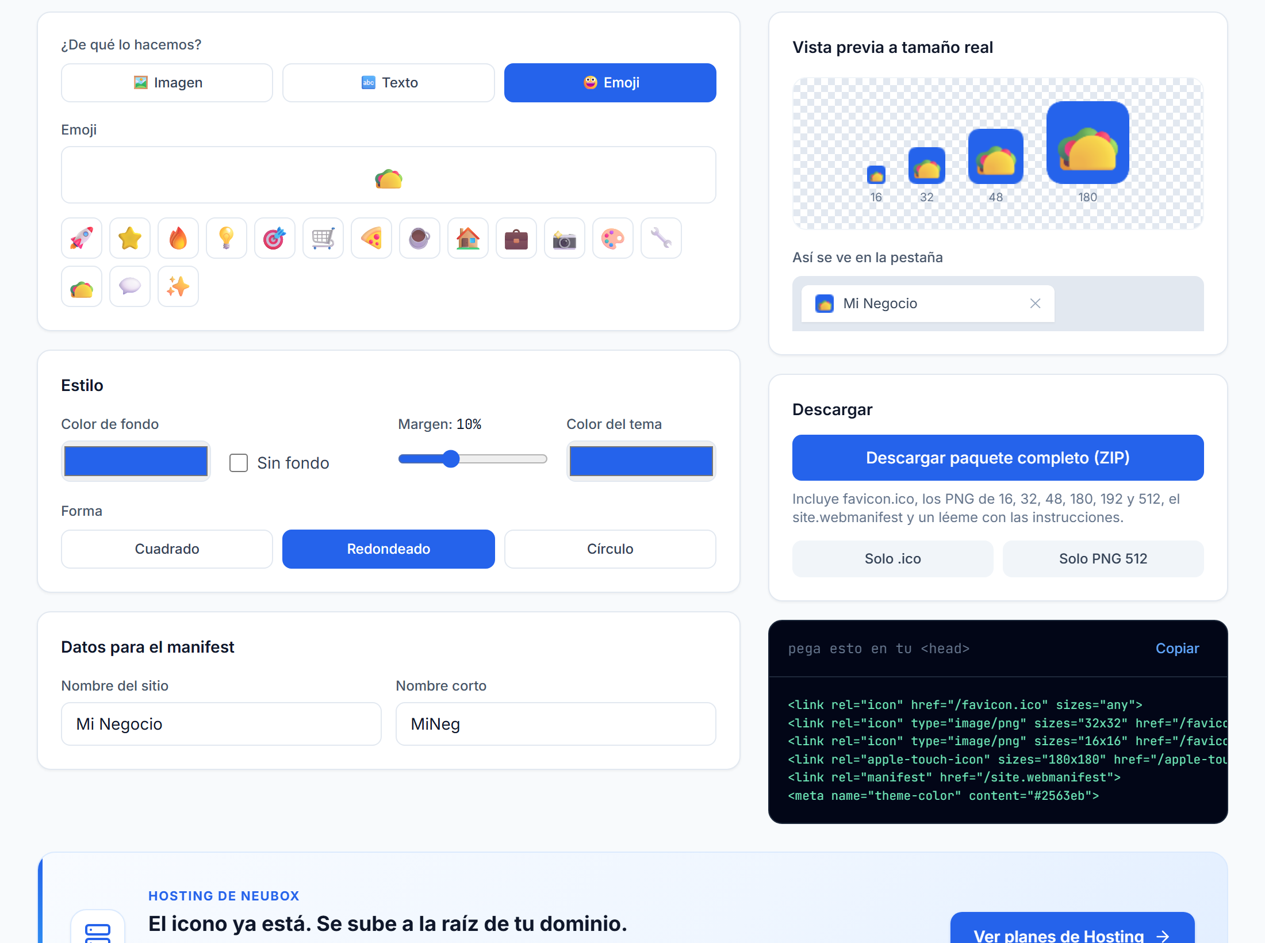 Generador en modo emoji, con un taco elegido como icono