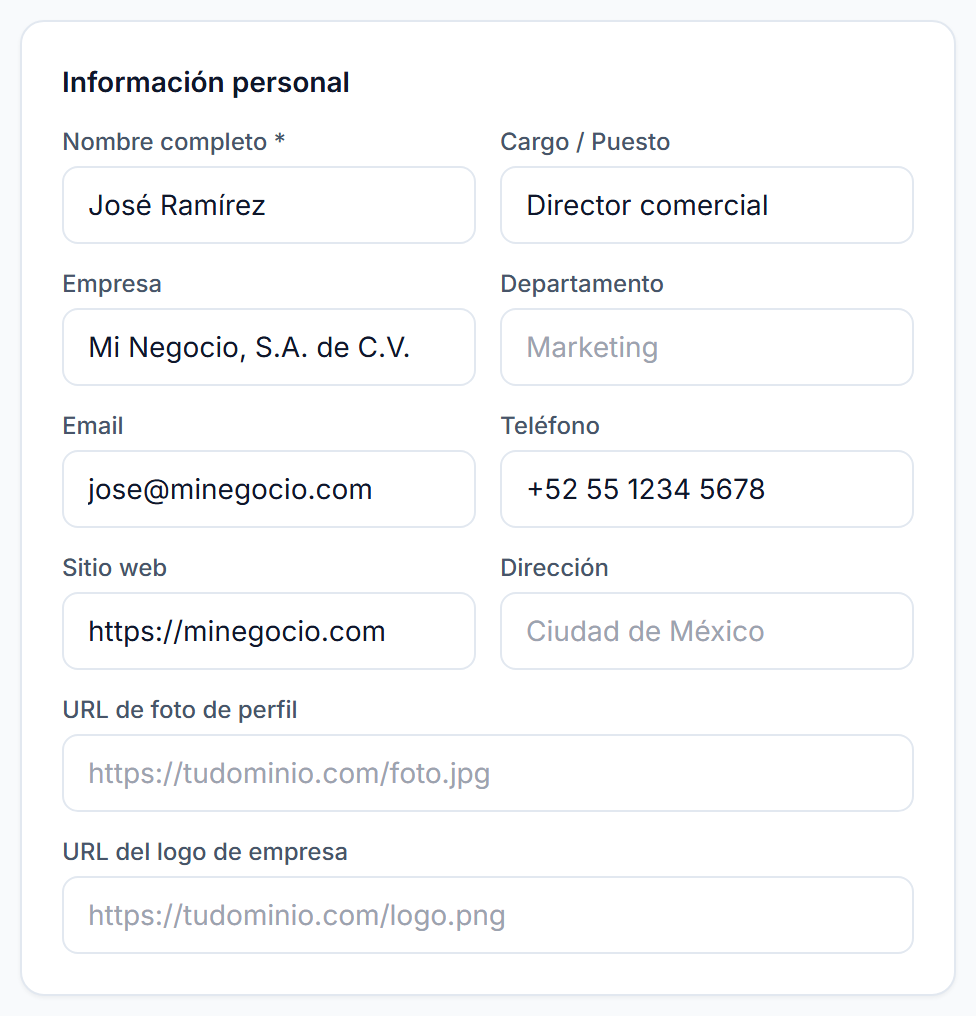 Formulario con nombre, cargo, empresa, departamento, correo, teléfono, sitio web, dirección y URL de foto