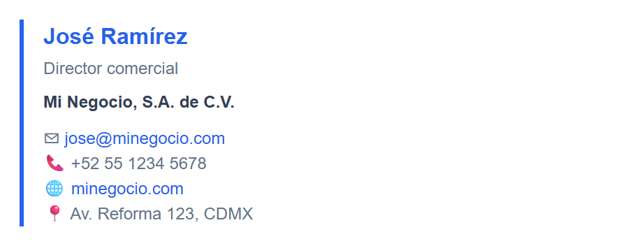 Vista previa de la firma con nombre, cargo, empresa, correo, sitio web y dirección