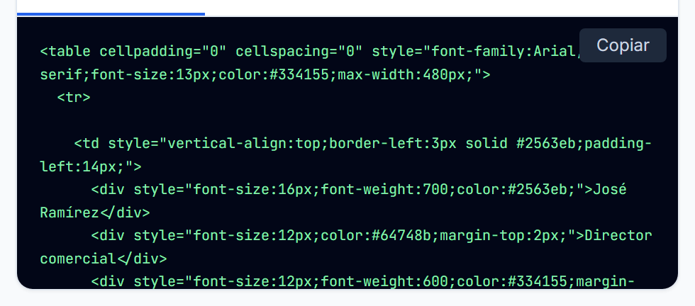 Código HTML de la firma, armado con una tabla y estilos en línea