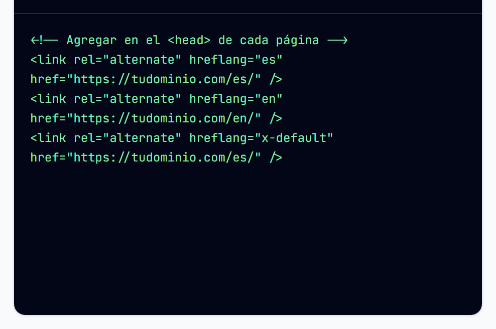 Bloque de etiquetas link con hreflang para español, inglés y x-default
