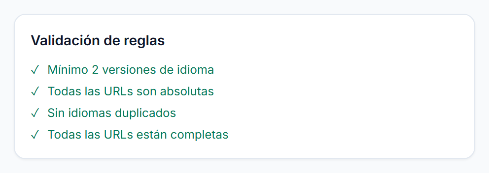 Panel de validación con cuatro comprobaciones en verde: dos versiones mínimo, direcciones absolutas, sin idiomas duplicados y completas