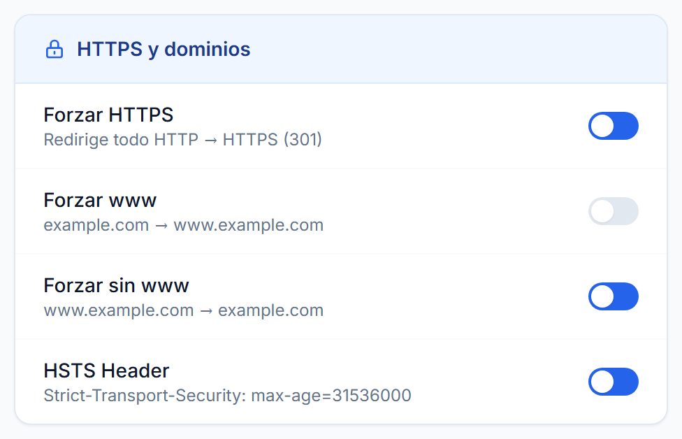 Interruptores de forzar HTTPS, forzar www, forzar sin www y encabezado HSTS, con tres encendidos