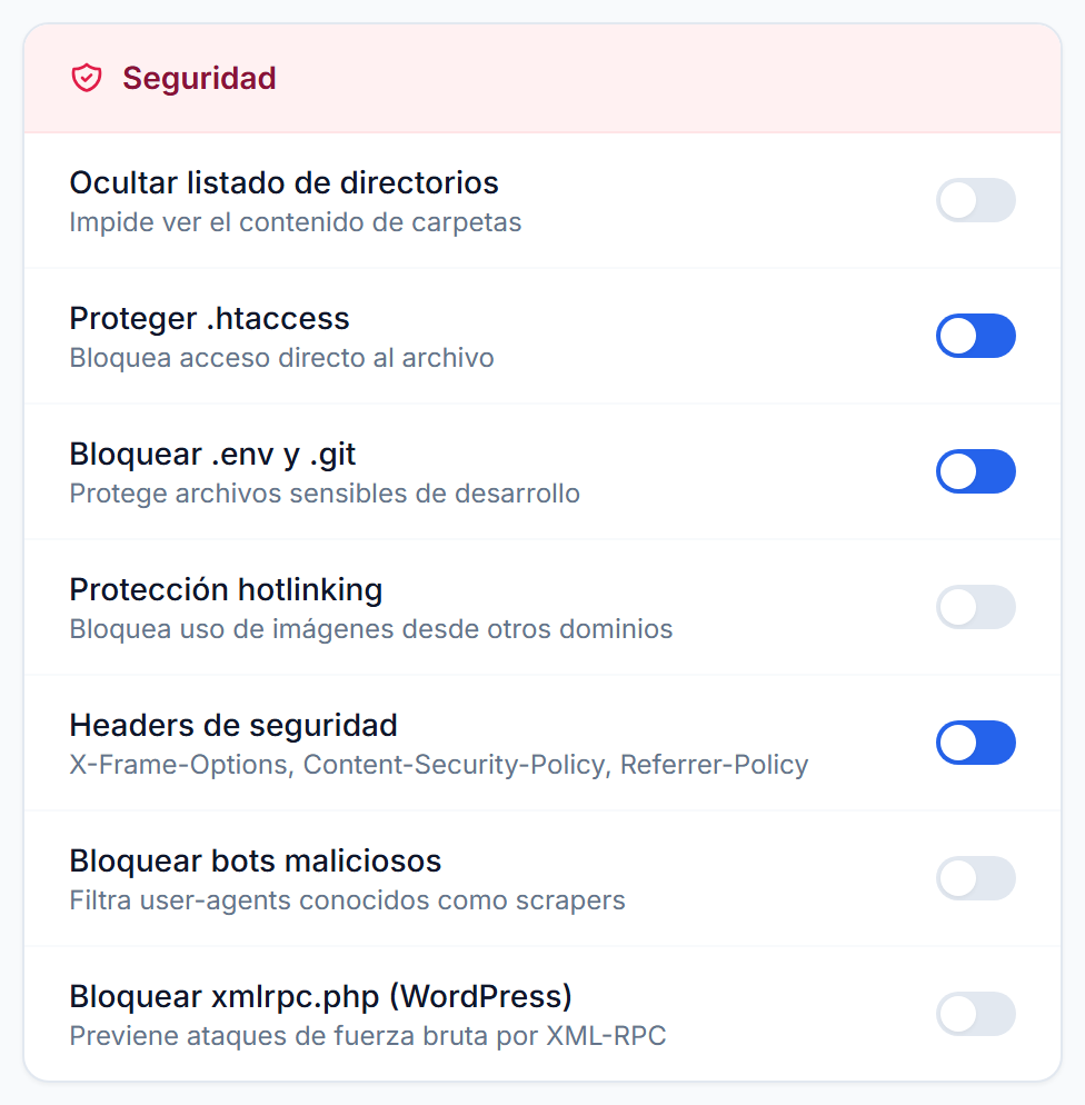 Opciones de seguridad: ocultar listado de directorios, proteger el propio htaccess, bloquear archivos de configuración, protección contra hotlinking y encabezados de seguridad