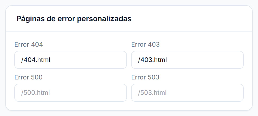 Campos para las páginas de error 404, 403, 500 y 503