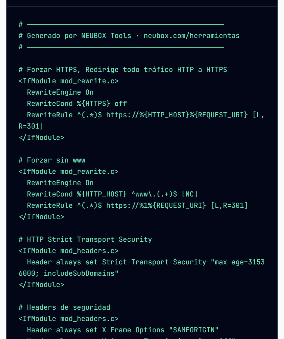 Archivo htaccess generado, con comentarios que separan cada bloque de configuración
