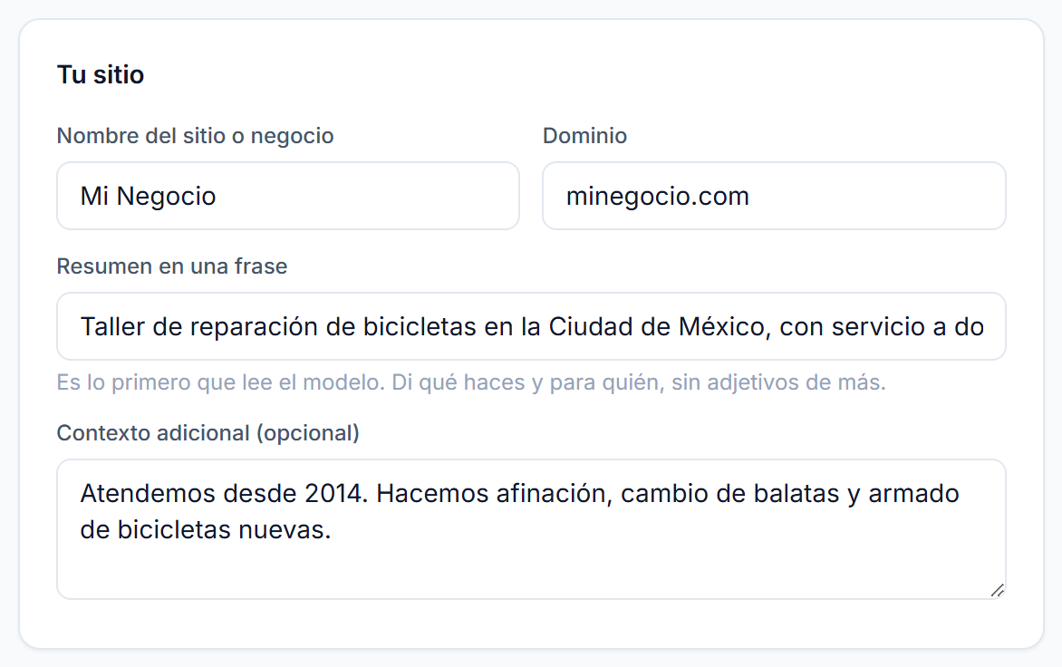 Formulario con nombre del sitio, dominio, resumen en una frase y contexto adicional