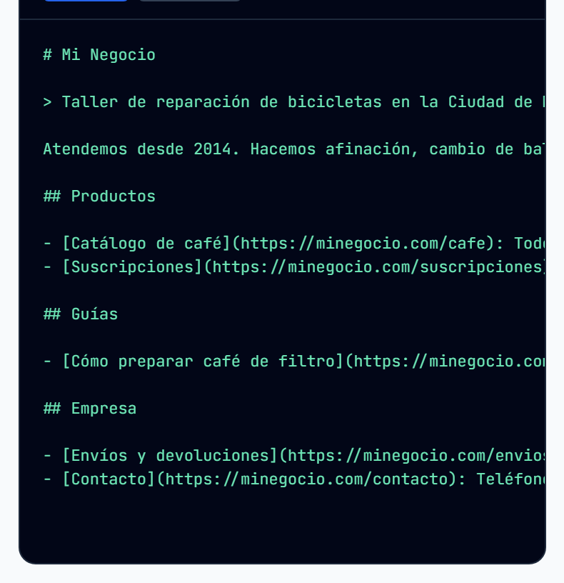 Archivo llms.txt generado con el nombre del sitio, el resumen y secciones de productos, guías y empresa con enlaces