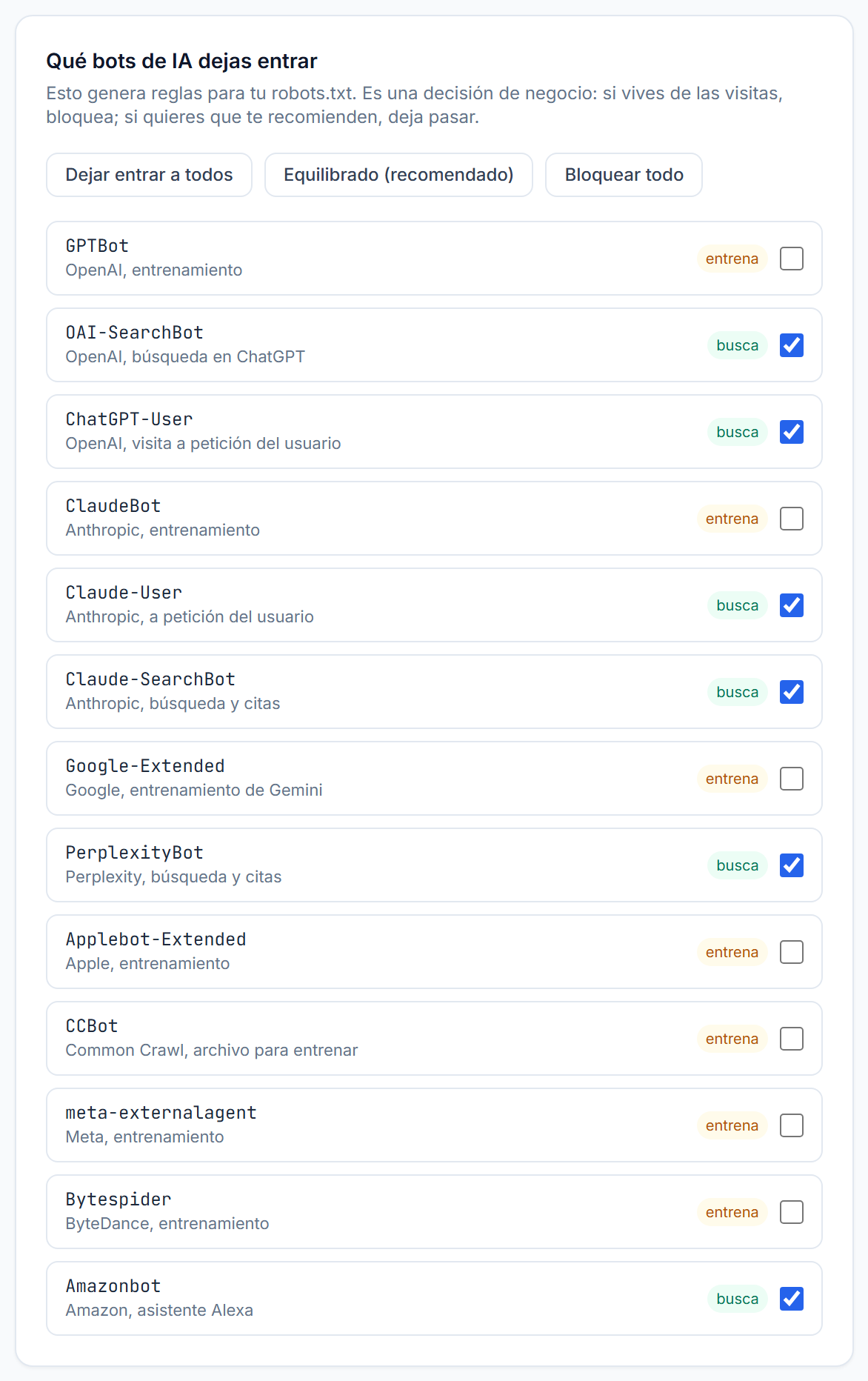 Lista de bots de IA, cada uno etiquetado como de entrenamiento o de búsqueda, con casillas para permitirlos o bloquearlos