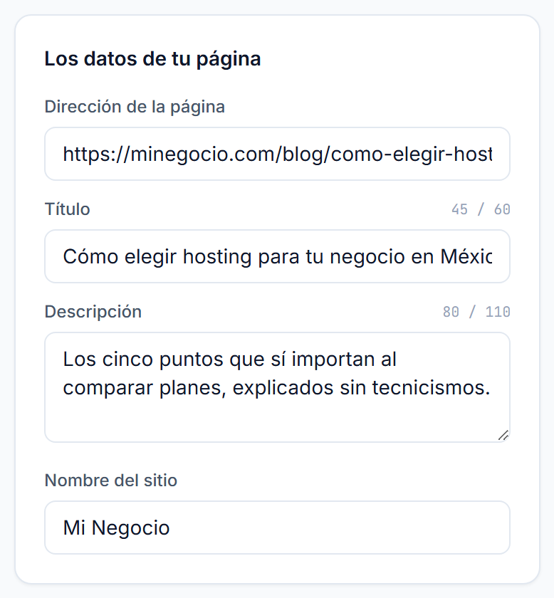 Campos de dirección de la página, título y descripción, cada uno con su contador de caracteres
