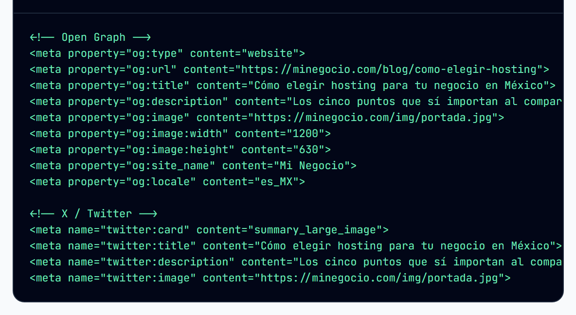 Bloque de etiquetas meta de Open Graph y de X, con las propiedades de tipo, dirección, título, descripción e imagen