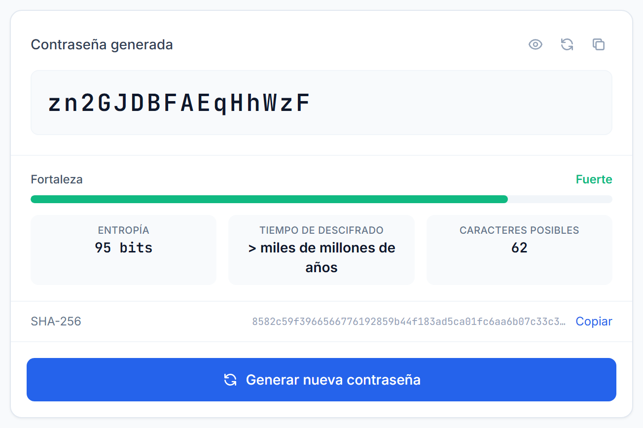 Indicador de fuerza con la entropía en bits y el tiempo estimado para descifrar la contraseña
